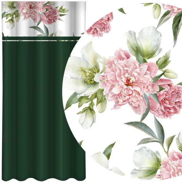 ElegantnýtmavozelenýzávesspotlačouružovýchpivóniíŠírka:160cm|Dĺžka:250cm