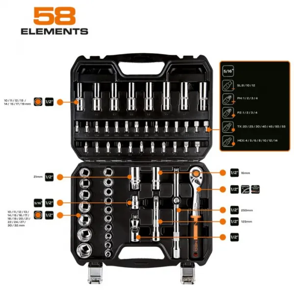 Nástrčnékľúče1/2,sada58ks,CrV10-042NEO