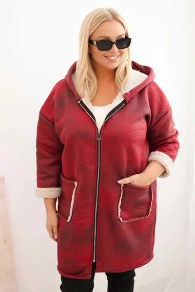 Legínovo Dámska bunda Plus Size s kapucňou a vreckami zateplená barančekom hnedá Farba: Khaki, Veľkosť: UNI