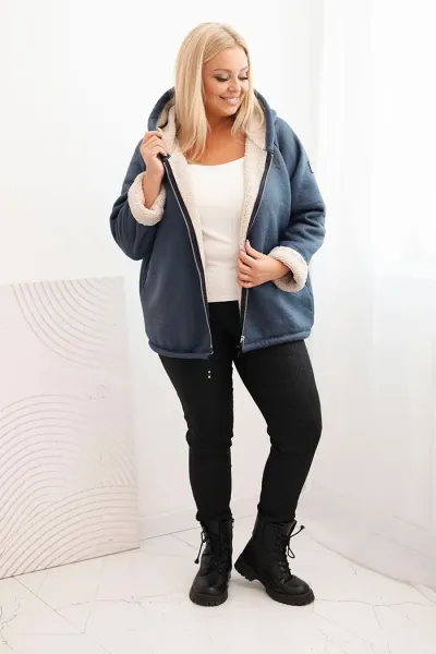 Legínovo Dámska bunda Plus Size s kapucňou a beránkom v ťavej farbe Farba: Džínsová, Veľkosť: UNI