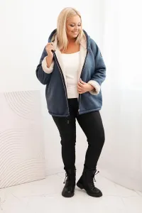 Legínovo Dámska bunda Plus Size s kapucňou a beránkom v ťavej farbe Farba: Džínsová, Veľkosť: UNI