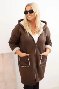 Legínovo Dámska bunda Plus Size s kapucňou a vreckami zateplená barančekom hnedá Farba: Khaki, Veľkosť: UNI