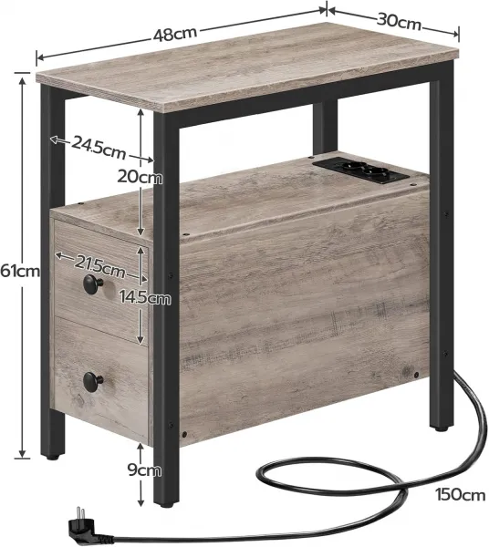 Nočný stolík Vasagle Drill 30 cm s nabíjacou stanicou sivý/čierny