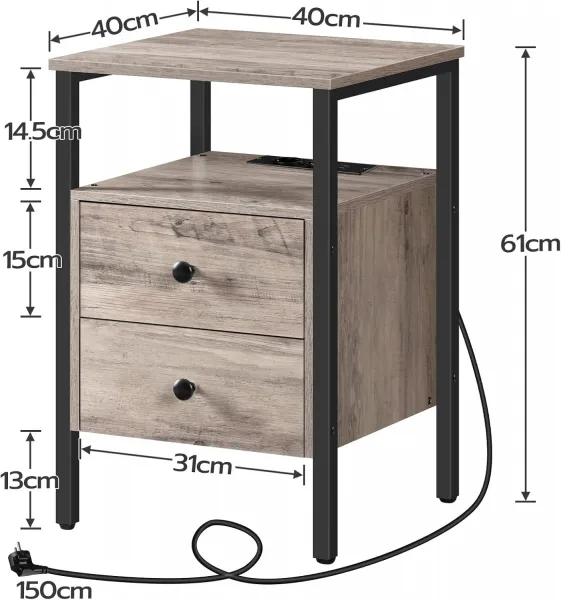 Nočný stolík Vasagle Jungo 40 cm s nabíjacou stanicou sivý/čierny