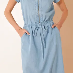Midi šaty z tenkého denimu s výstrihom na zips a šnúrkou v páse