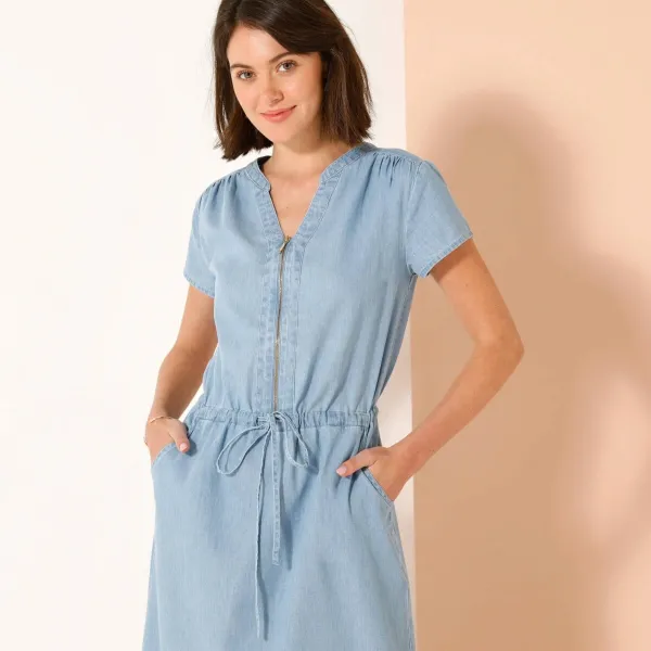 Midi šaty z tenkého denimu s výstrihom na zips a šnúrkou v páse