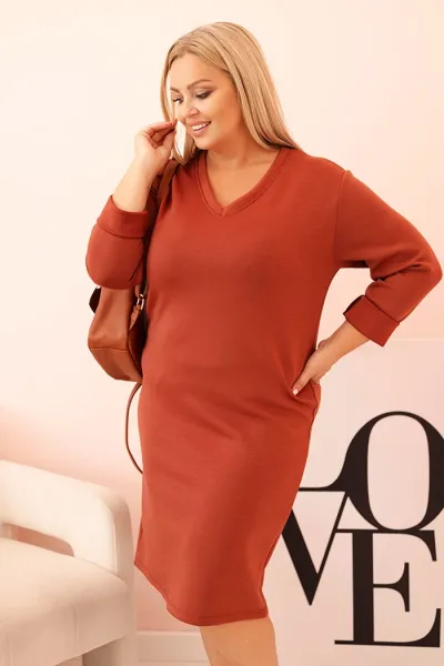 Legínovo Dámske šaty Plus Size maslové s výstrihom V a rukávom béžové Farba: Hnedá, Veľkosť: UNI