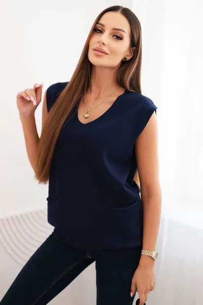 Legínovo Dámsky viskózový sveter bez rukávov s vreckami a V-výstrihom čierny Farba: Modrá, Veľkosť: UNI