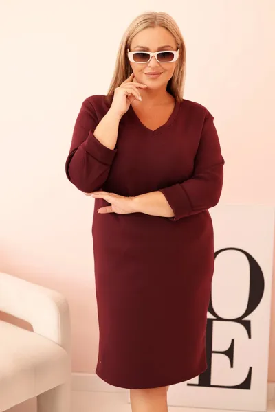 Legínovo Dámske šaty Plus Size maslové s výstrihom V a rukávom béžové Farba: Hnedá, Veľkosť: UNI