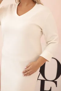 Legínovo Dámske šaty Plus Size maslové s výstrihom V a rukávom béžové Farba: Hnedá, Veľkosť: UNI