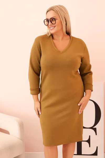 Legínovo Dámske šaty Plus Size maslové s výstrihom V a rukávom béžové Farba: Hnedá, Veľkosť: UNI