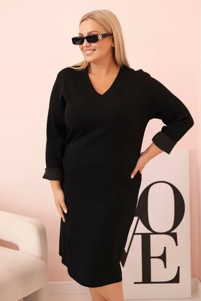 Legínovo Dámske šaty Plus Size maslové s výstrihom V a rukávom béžové Farba: Hnedá, Veľkosť: UNI