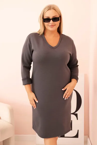 Legínovo Dámske šaty Plus Size maslové s výstrihom V a rukávom béžové Farba: Hnedá, Veľkosť: UNI