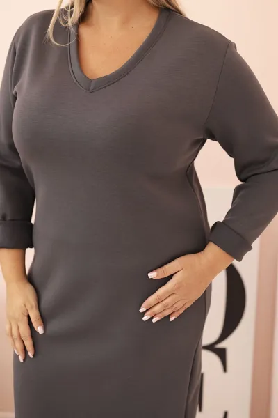 Legínovo Dámske šaty Plus Size maslové s výstrihom V a rukávom béžové Farba: Hnedá, Veľkosť: UNI