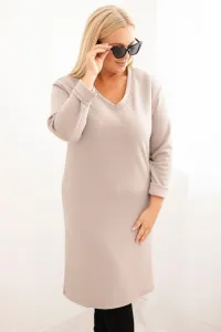 Legínovo Dámske šaty Plus Size maslové s výstrihom V a rukávom béžové Farba: Hnedá, Veľkosť: UNI