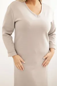 Legínovo Dámske šaty Plus Size maslové s výstrihom V a rukávom béžové Farba: Hnedá, Veľkosť: UNI