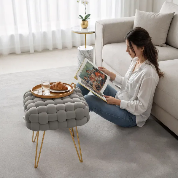 Ak furniture Taburet Dotty světle šedý