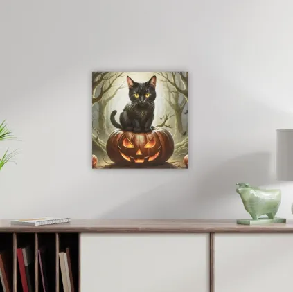 Nástenná maľba mačka na tekvici, 4 LED, 40 x 40 cm