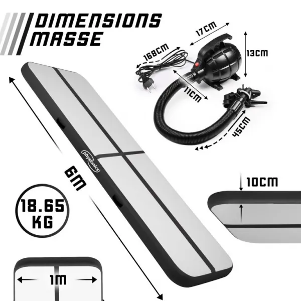 Physionics Airtrack nafukovacia žinenka, 6 m, čierna