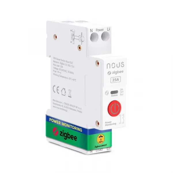 Nous D3Z Zigbee DIN Smart Spínací Modul 25A (1 kanál, s meraním spotreby) NOUS-D3Z-1722