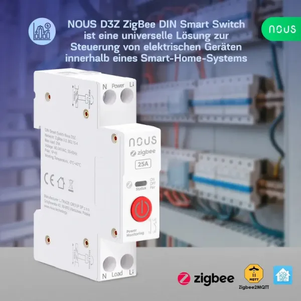 Nous D3Z Zigbee DIN Smart Spínací Modul 25A (1 kanál, s meraním spotreby) NOUS-D3Z-1722