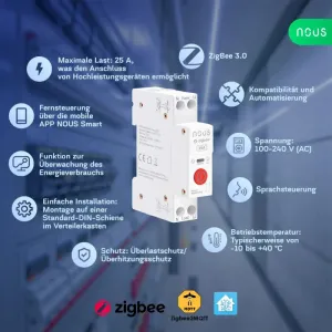 Nous D3Z Zigbee DIN Smart Spínací Modul 25A (1 kanál, s meraním spotreby) NOUS-D3Z-1722
