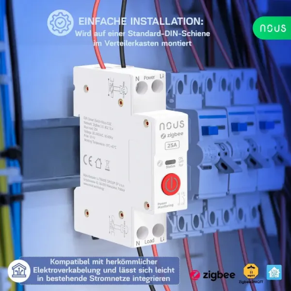 Nous D3Z Zigbee DIN Smart Spínací Modul 25A (1 kanál, s meraním spotreby) NOUS-D3Z-1722