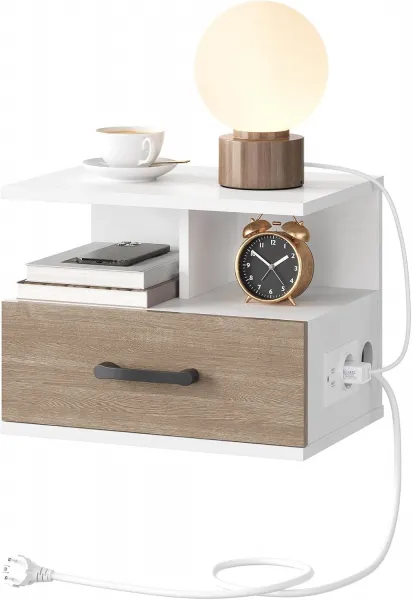 VASAGLE Závesný nočný stolík Verimi s nabíjacou stanicou 38 cm biely/hnedý
