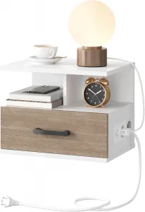 VASAGLE Závesný nočný stolík Verimi s nabíjacou stanicou 38 cm biely/hnedý