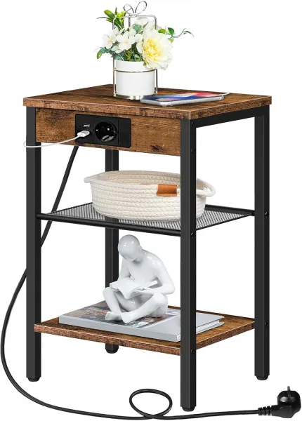 Nočný stolík Vasagle Harby 38 cm s nabíjacou stanicou čierny/hnedý