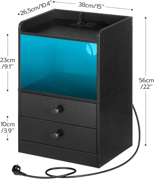 VASAGLE Nočný stolík Silven 38 cm s LED osvetlením a nabíjacou stanicou čierny