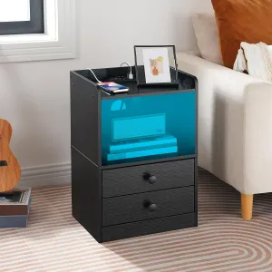 VASAGLE Nočný stolík Silven 38 cm s LED osvetlením a nabíjacou stanicou čierny
