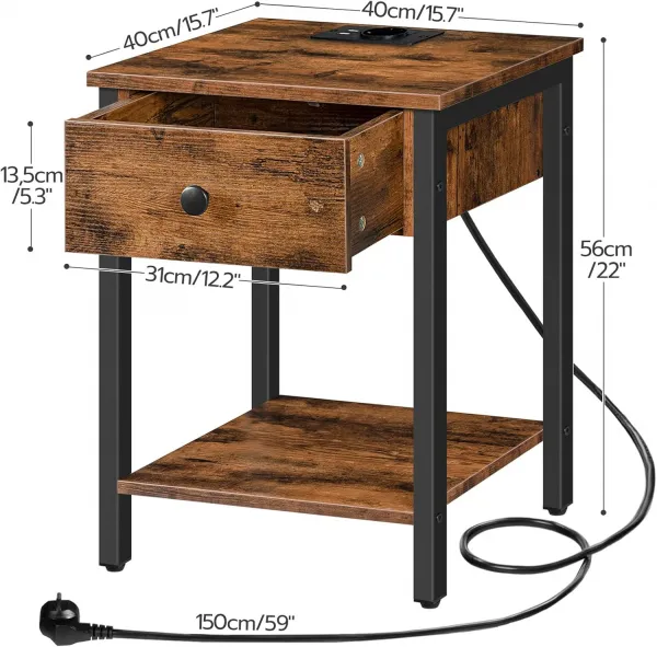 Nočný stolík Vasagle Ferira 40 cm s nabíjacou stanicou čierny/hnedý