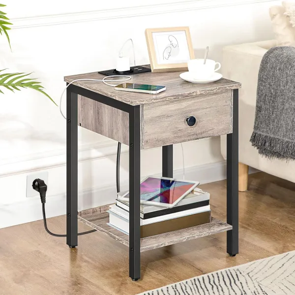 Nočný stolík Vasagle Ferira 40 cm s nabíjacou stanicou čierny/sivý
