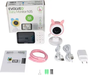 EVOLVEO Baby Monitor N35, dětská chůvička s kamerou,VOX,teploměr,noční vidění,RGB světlo,Růžová