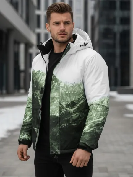 Športová zimná bunda s kapucňou biela, zelená