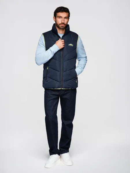 Ombre Men's quilted sleeveless jacket with neon accents - navy blue