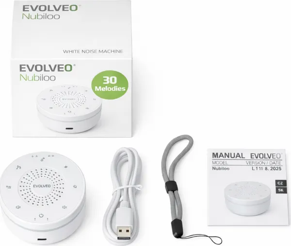 EVOLVEO Nubiloo – uspávací modul s bílým šumem, ukolébavkami a barevným světlem na dobrou noc