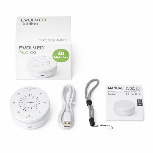 EVOLVEO Nubiloo – uspávací modul s bílým šumem, ukolébavkami a barevným světlem na dobrou noc