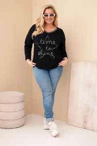 Kesi Włoski Dámska blúzka Plus Size so sieťovaním a nápisom a perlami čierna