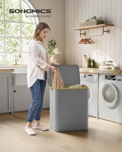 150 l košík na bielizeň s 3 priehradkami, sivý, bambus rám