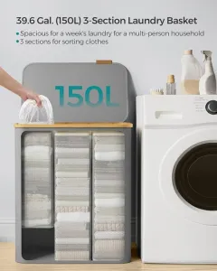 150 l košík na bielizeň s 3 priehradkami, sivý, bambus rám