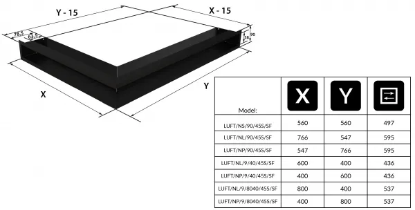 Kratki | Mriežka rohová LUFT 600x400x90 pravá 45S SF plytká- čierna  LUFT/NP/9/40/45S/C/SF
