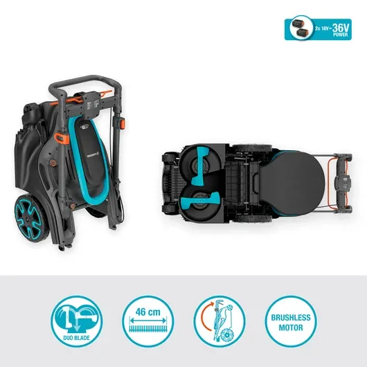 Gardena PowerMax Duo 46/36V výkonná kosačka na trávu s dvoma žacími kotúčmi s akumulátorom P4A
