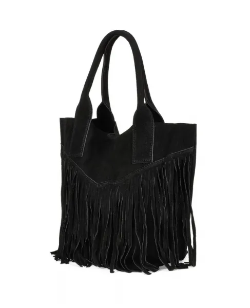 Beltimore Čierna semišová kabelka so strapcami – štýlová boho shopper taška Farba: Čierna