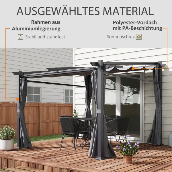 OUTSUNNY Samostatne stojaca kovová pergola so zaťahovacou plátennou strechou a bočnými stenami 297 x 295 cm sivá