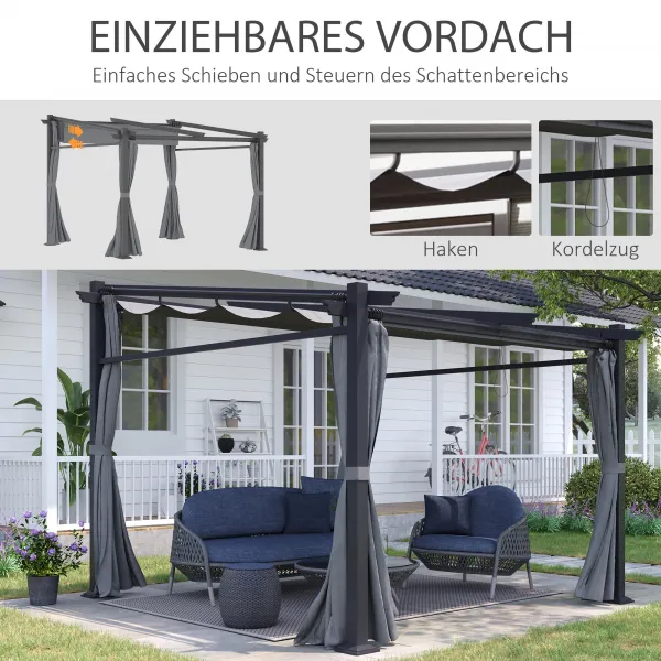 OUTSUNNY Samostatne stojaca kovová pergola so zaťahovacou plátennou strechou a bočnými stenami 297 x 295 cm sivá