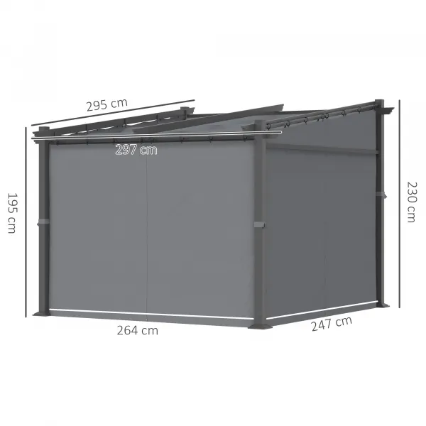 OUTSUNNY Samostatne stojaca kovová pergola so zaťahovacou plátennou strechou a bočnými stenami 297 x 295 cm sivá