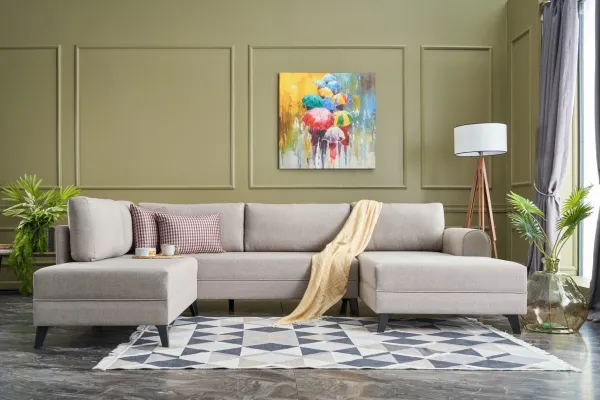 Hanah Home Rohová rozkládací sedací souprava Belen 300 cm krémová