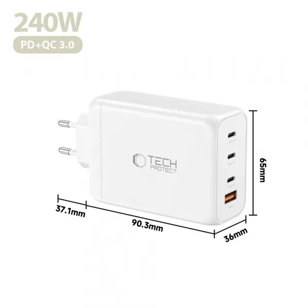 Tech-Protect NC240W-GAN 4-portová nabíjačka, PD 240W / QC3.0, biela